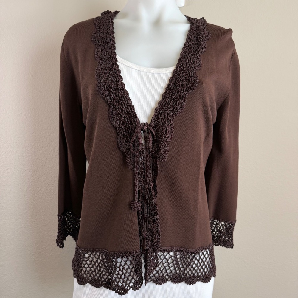 Y2K Brown XL Crochet Lace Trim Tie Front Cardigan Sweater Boho Romantic Witchy